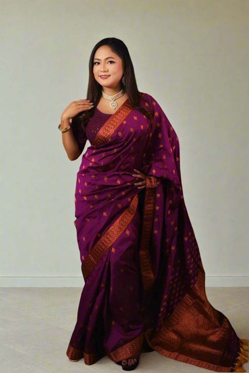 Assam Handmade Purple & Gold Mixed Pat Silk Mix Saree